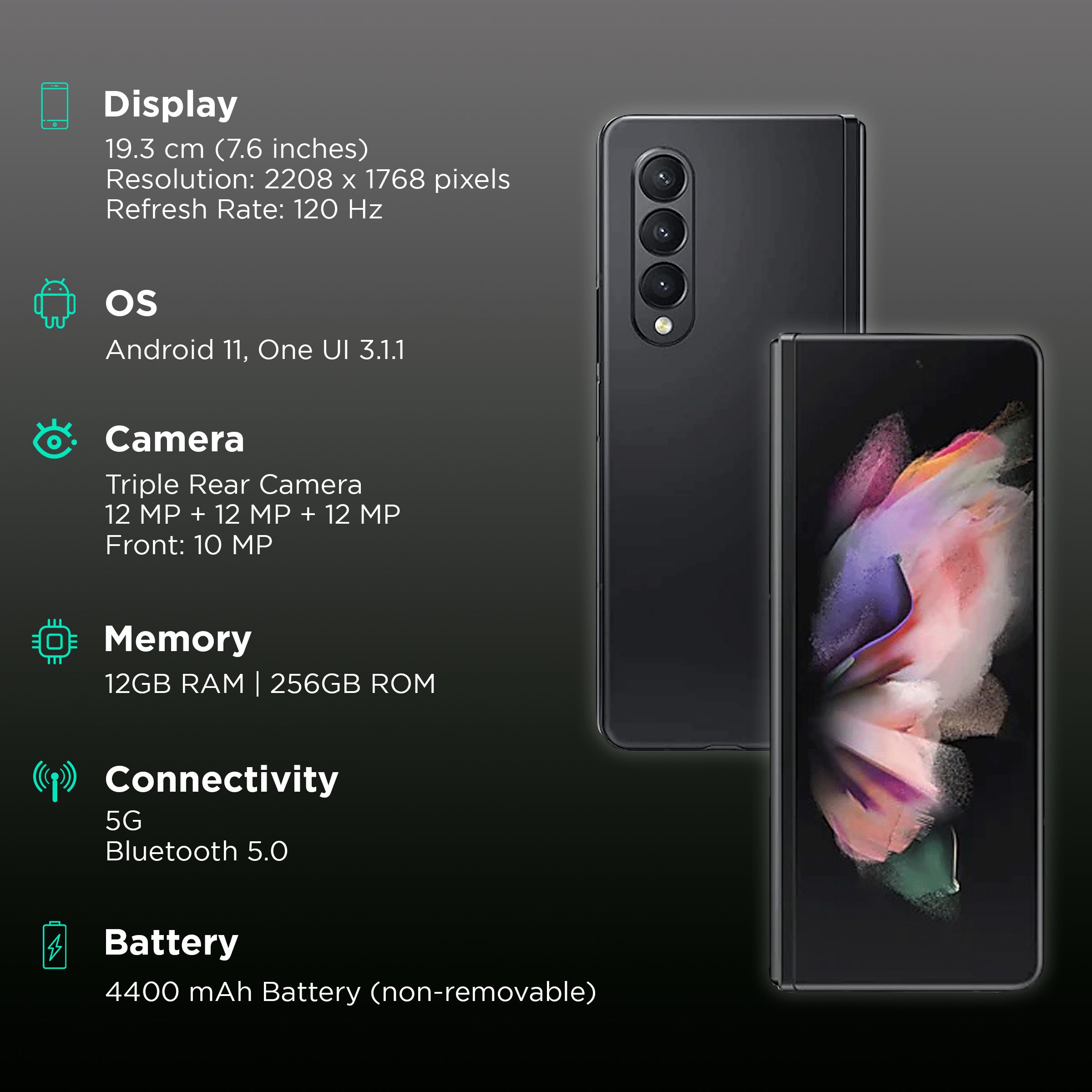 Samsung Galaxy Z Fold3 5G ブラック トリプルカメラ Samsung Galaxy Z Fold3 4G (Phantom Black, 12GB RAM, 256GB Storage